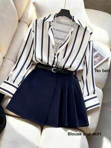 GlowEve CURVE 大码女式蓝白条纹学院风两件套 - 藏蓝色 - 查看 1