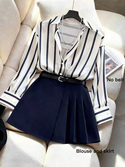 GlowEve CURVE Conjunto de 2 piezas de estilo preppy a rayas azules y blancas para mujer de talla grande