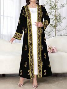 Al Najma 一件舒适保守的长款睡袍，传统印花复古连衣裙/碎花连衣裙，适合女性日常穿着、约会、休闲、派对、节日等场合。女士连衣裙，植物印花连衣裙，黑色连衣裙 - 黑色 - 查看 1
