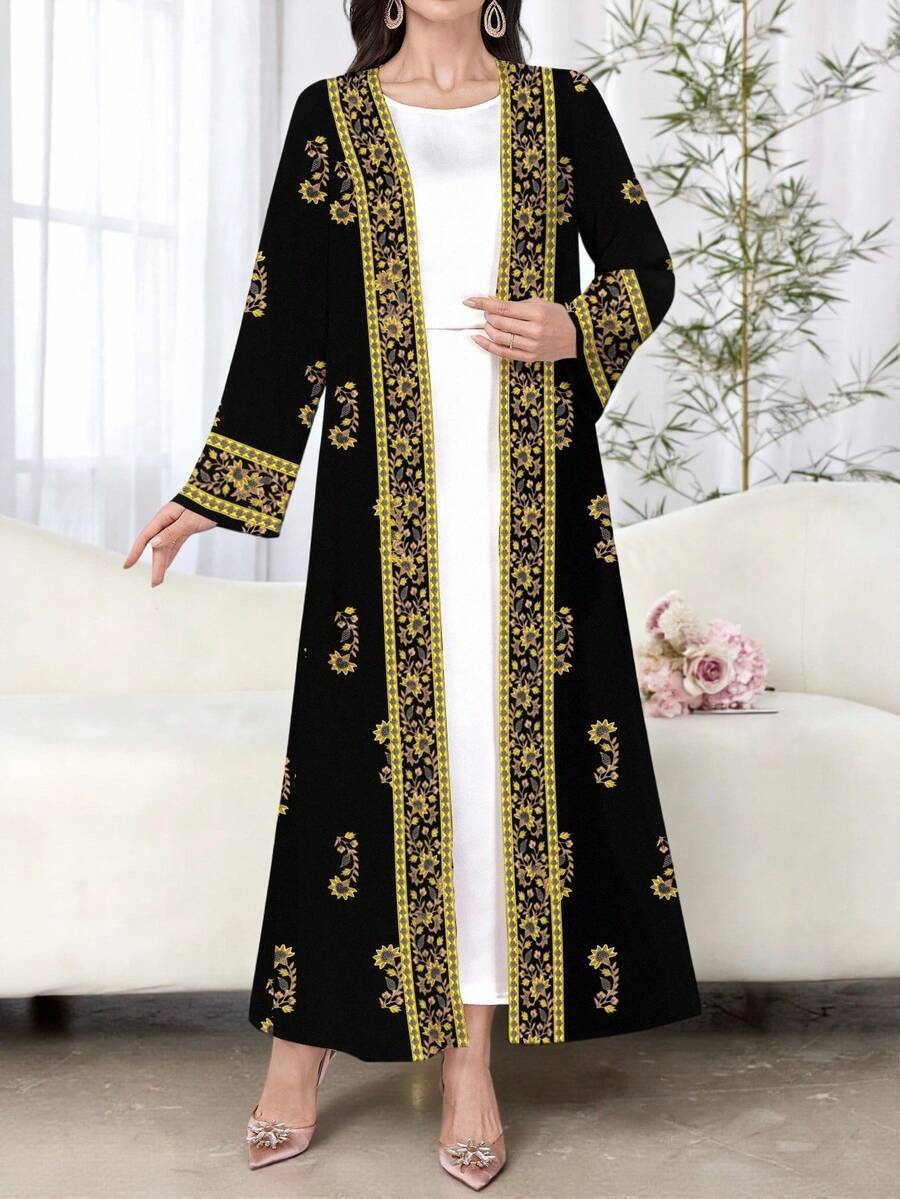 Al Najma 一件舒适保守的长款睡袍,传统印花复古连衣裙/碎花连衣裙,适合女性日常穿着、约会、休闲、派对、节日等场合。女士连衣裙,植物印花连衣裙,黑色连衣裙 - 黑色 - 查看 1