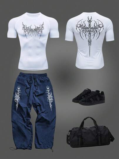 Manfinity Sport Corelite Men's Gothic Print Raglan Short Sleeve T-Shirt And Drawstring Waist Pants Sports Suit Gym Set Workout Set Compression Shirt Men Gym Outfit Men Men's Sportswear Men Workout Clothes Men's Gym Clothes Men's Athletic Wear