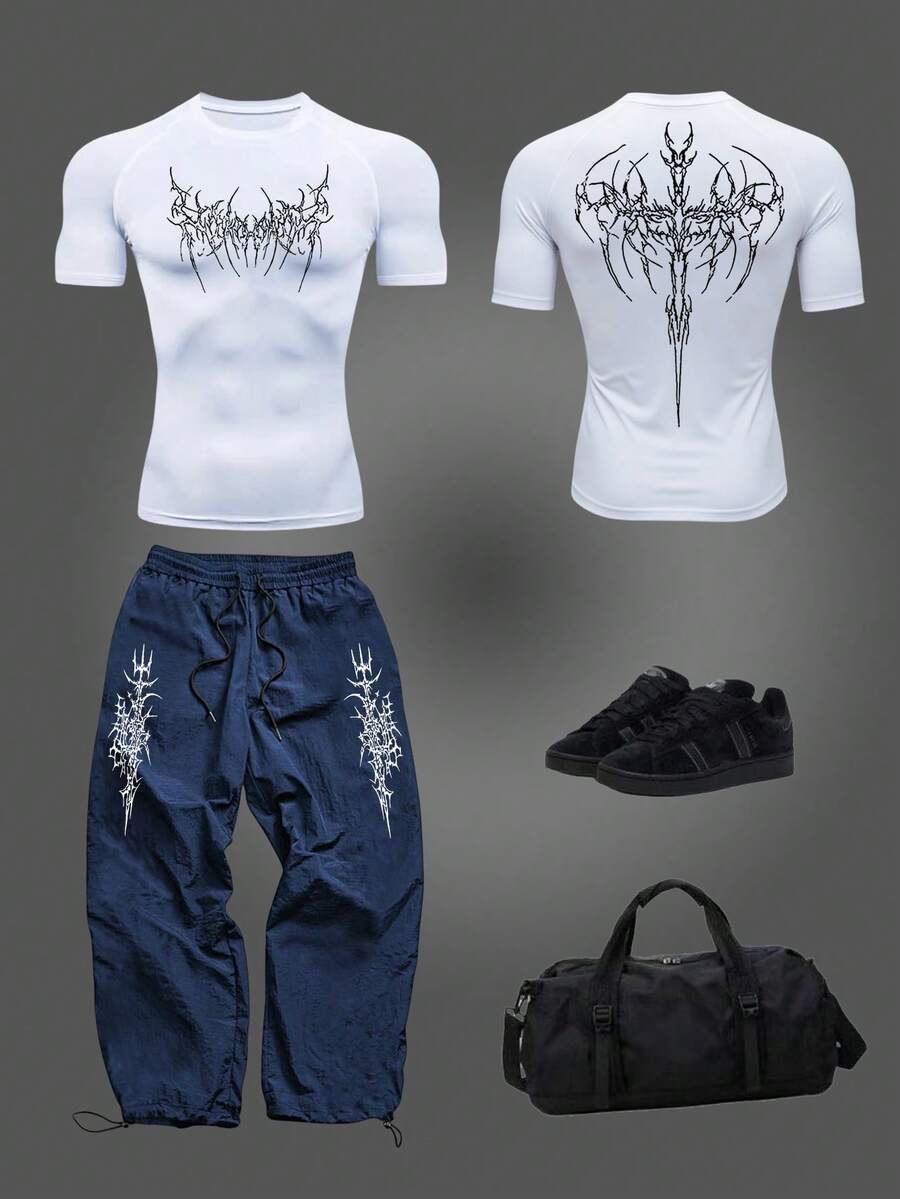 Manfinity Sport Corelite 男士哥特印花插肩短袖T恤和抽绳腰裤运动套装健身套装运动服压缩衣男士健身服男士运动服男士健身服男士运动装 - 白色 - 查看 1