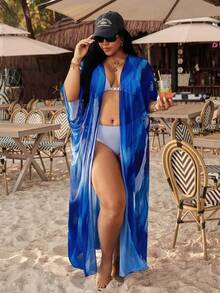 Swim Vcay Plus Size Women Loose Random Floral Print Beach Vacation Kimono - Blue - View 3