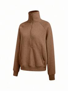 SHEIN Cottnline بلوزة رياضية فضفاضة للنساء للارتداء اليومي والتنقل، بياقة عالية نصف سحاب، أكمام راجلان، جيب كنغر، لون أحادي، مناسبة للخريف والشتاء - بيج - مشاهدة 4