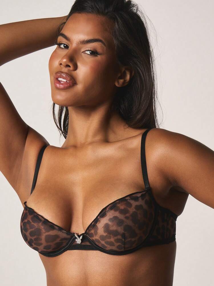 Missguided x Playboy Leoparden-Muster Mesh-BH mit Bügel und Tanga-Set mit Strass-Detail für den Valentinstag