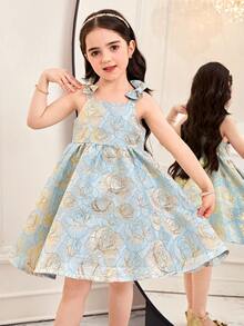 SHEIN فستان كاجوال بدون أكمام مزخرف بزهور صغيرة للفتيات الصغيرات - ازرق وابيض - مشاهدة 11
