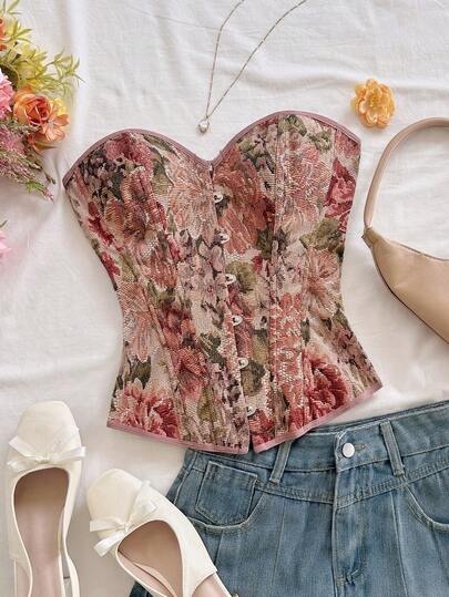 Soleia 女士复古宫廷风彩色花卉提花印花抹胸露脐上衣，带纽扣和后系带