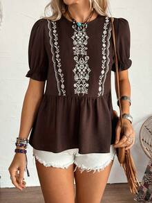 LanaWest Floral Embroidery Puff Sleeve Casual Vacation Shirt - Coffee Brown - View 4