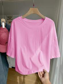 SHEIN EZwear Camiseta casual de manga corta con hombros caídos y unicolor, rosa, talla grande - Rosa - Ver 6
