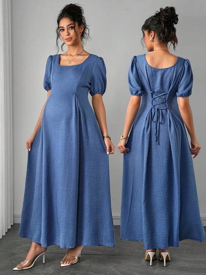 SHEIN Vestido de maternidad elegante y romántico con hombro asimétrico, cintura fruncida y silueta en línea A