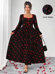Elenzga Plus Size Black And Red Heart Print Dress,Elegant Square Neck Lantern Sleeve Pleated Autumn Wedding Outfits For Women,Valentine's Day Church Dress - Black - View 1