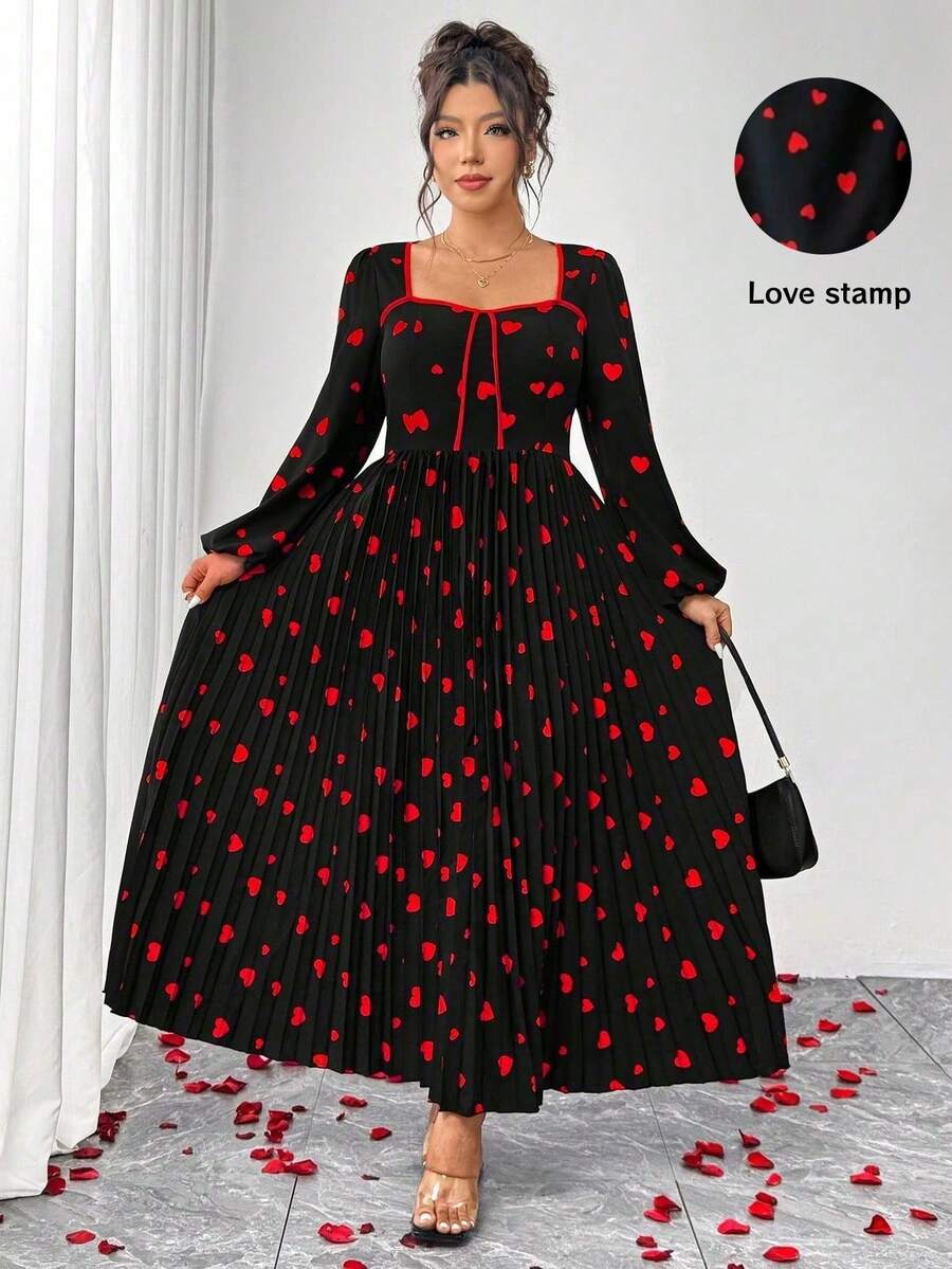 Elenzga Plus Size Black And Red Heart Print Dress,Elegant Square Neck Lantern Sleeve Pleated Autumn Wedding Outfits For Women,Valentine's Day Church Dress - Black - View 1