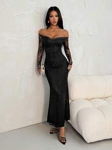 SHEIN PETITE 女士纯黑色蕾丝单肩修身鱼尾约会派对连衣裙 - 黑色 - 查看 5