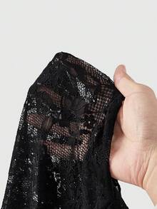 ROMWE Goth Gotische Spitze asymmetrische Schulter Glockenärmel Bluse mit Taillenbindung - Schwarz - Übersicht 5