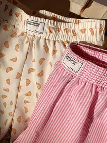 CovetEZ 2 Pcs Women's Elastic Waist Striped Print Patch Casual Versatile Shorts Sleepwear Shorts Croissant Print Shorts Striped Shorts Pajama Shorts Cute Shorts Comfortable And Sweet Shorts For Casual Wear At Home; Loose Fit; Stylish And Versatile. - Multicolor - View 7