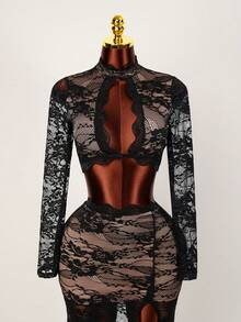 BamGleam Valentines Sexy Women'S Lace See-Through Twisted Bell SleeveTop & High Slit Skirt, 2pcs/Set - Black - View 6