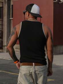 DAZY 街头风修身男士背心，黑白滚边字母刺绣设计，夏季款 - 黑色 - 查看 2
