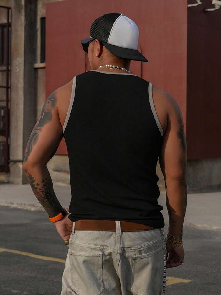 Street Style Slim Fit Men's Tank Top With Black & White Trim And Letter Embroidery Design, Summer