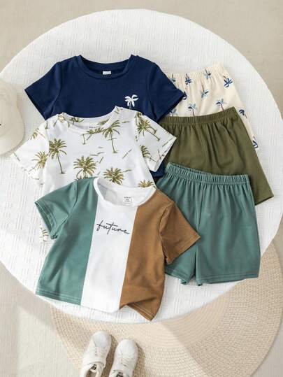 SHEIN 6件套男女宝宝休闲度假可爱椰树撞色短袖T恤套装，短袖针织上衣和短裤多件套，春夏男宝宝服装