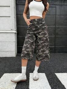 K-Vae Vintage Casual Camouflage Capri Cargo Pants, Spring/Summer - Army Green - View 3