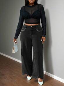 Truni Quần jean denim ống rộng màu đen giặt cỡ lớn cho nữ, chi tiết kim loại đính đá, thích hợp cho tiệc tùng, hẹn hò, đi làm/2026/Năm mới - màu đen - Xem 4