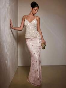 SHEIN BAE 女士刺绣亮片美人鱼尾裙，夏季 - 黃色 - 查看 5