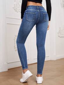SHEIN Essnce Casual Washed Low-Rise Slim Fit Jeans - Medium Wash - View 2
