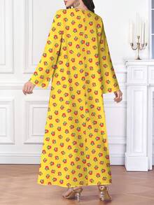 Al Najma Women's Arabic Graphic Print V-Neck Long Sleeve Shalky Printed Jalabiya Dress, Modest Full Length Dresses - Yellow - View 2