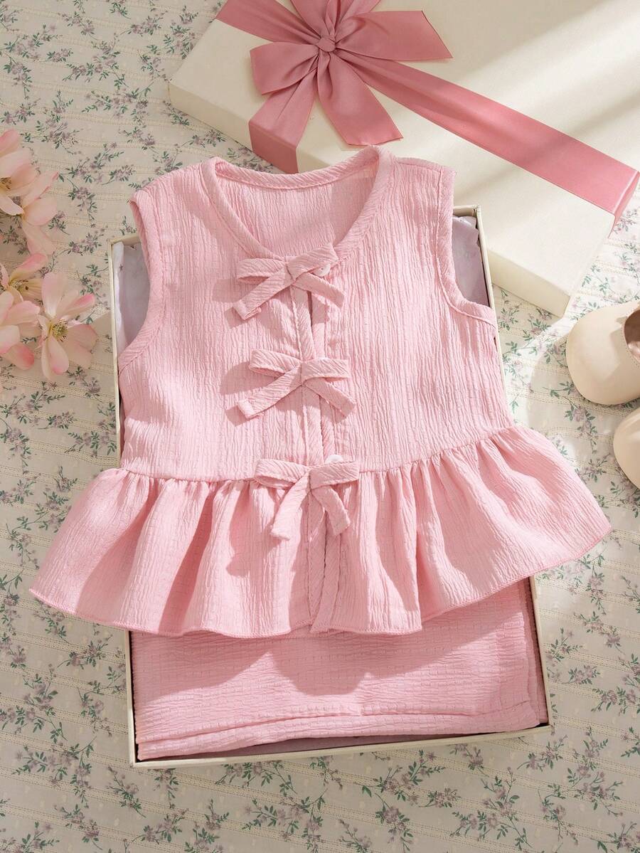 Souflis Souflis 2件套女婴幼儿/新生儿0-3岁休闲甜美日常度假条纹梭织无袖上衣和阔腿裤两件套，春夏款 - 粉色 - 查看 1