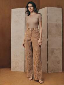 Anewsta Elaire Women's High Waist Fashion Embroidered Hollow Out Loose Wide Leg Jeans Pants, Suitable For Spring, Autumn, Party, Valentine's Day - Brown - View 6