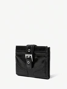 Viva Strut 1个黑色裂纹亮面皮革短款钱包，金属扣多卡位钱包，简约大容量卡包 - 黑色 - 查看 2