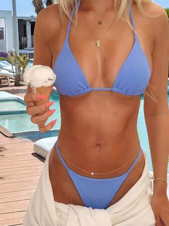 2026 Frühling/Sommer Damen Urlaubs Spezial Stoff Spaghetti-Träger Neckholder Blau Sexy String Bikini Zwei-Teiler Badeanzug