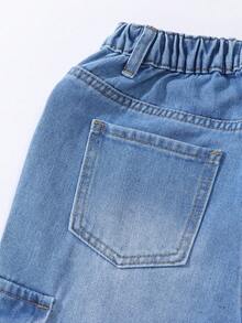 Tween Boy Cool Multi-Pocket Casual Street Style Drawstring Waist Washed Blue Denim Jeans - Light Wash - View 7