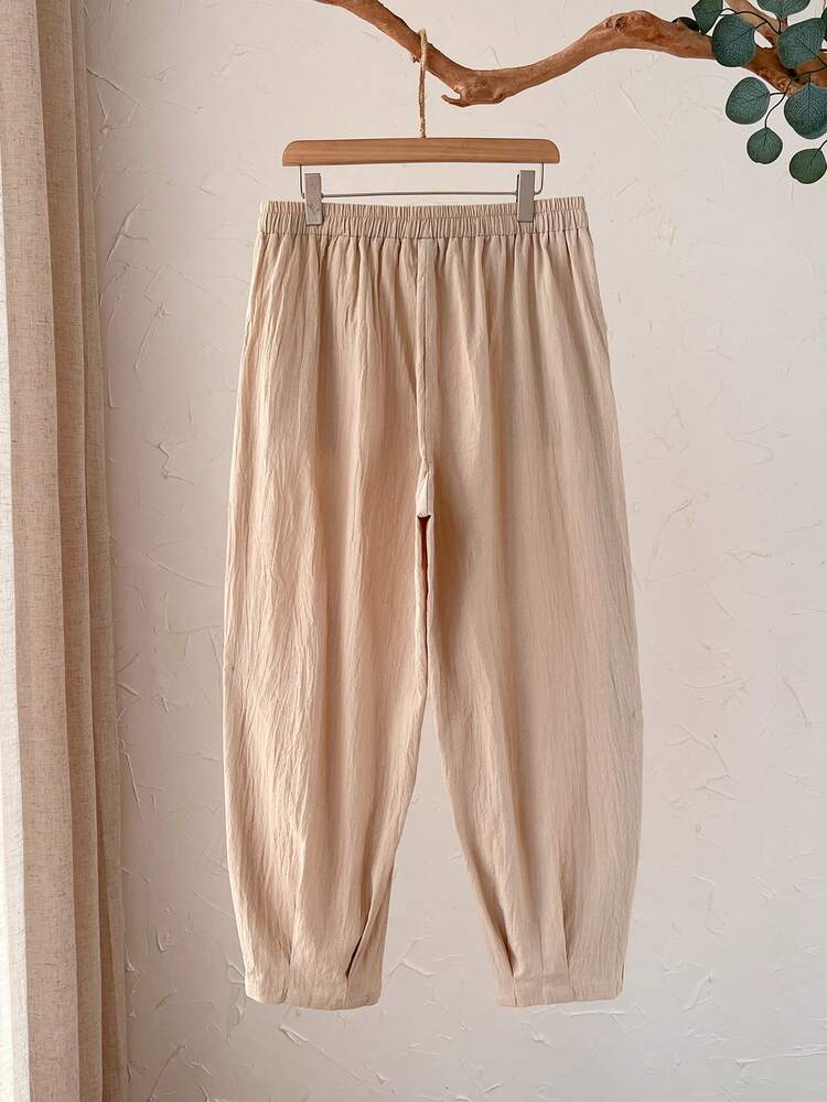 Plus Size Women's Summer Casual Vacation Country Drawstring Waist Linen And Brown Patchwork Pocket Harem Pants, Spring/Summer,Comfortable And Breathable,Summer Holiday,Spring Break, Vacation Women, Holiday For Women,Going Out,2026 New,Simple And Fashionable For Everyday Wear,Suitable For Summer, Vacation, Commute, Daily Wear,Khaki Pants, Cropped Pants