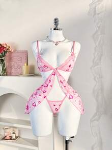 PetitDoll 2pcs/Set Valentine's Day Pink Heart Sexy Backless Camisole Nightgown Set