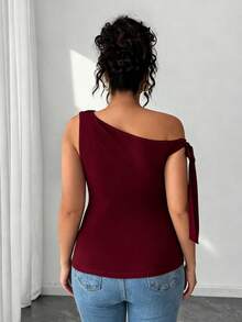 Elenzga Camiseta ajustada de mujer talla grande de unicolor elegante con cuello asimétrico, para verano - Burdeos - Ver 2