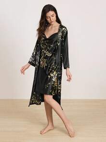 Hourtrue Gold Floral Print Satin Cami Sleep Dress & Belted Robe Pajama Set, Fall Winter Clothes - Black - View 6