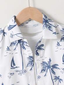 SHEIN Streecool Kids 男童棕榈树印花短袖衬衫和短裤两件套，休闲夏季服装 - 藍色 - 查看 4