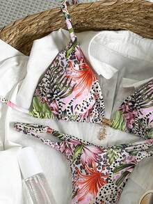 Elavelle Bộ bikini gợi cảm cổ yếm in họa tiết ngẫu nhiên dành cho nữ, trang phục đi biển mùa hè. - Nhiều màu - Xem 6