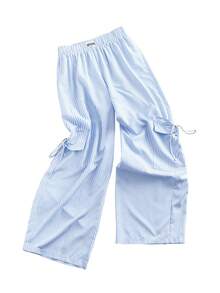 Sweetra Plus Size Women Casual Striped Print Knot Pocket Loose Cargo Wide Leg Pants, Suitable For Daily, Commute, Vacation - Baby Blue - View 1