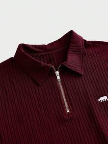 ESTAVOR 男士短袖拉链罗纹 Polo 衫，红色 - 酒紅色 - 查看 3