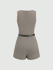 SHEIN Unity Bộ áo liền quần không tay kẻ caro dành cho nữ kèm thắt lưng - màu nâu - Xem 2