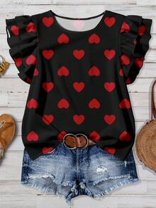 EMERY ROSE Áo kiểu nữ màu đen và đỏ in hình trái tim, thanh lịch, phù hợp cho công sở, lãng mạn và mang hơi hướng ngày Valentine, cổ tròn, tay phồng, thoải mái, thích hợp cho mùa xuân/hè. - Nhiều màu - Xem 1