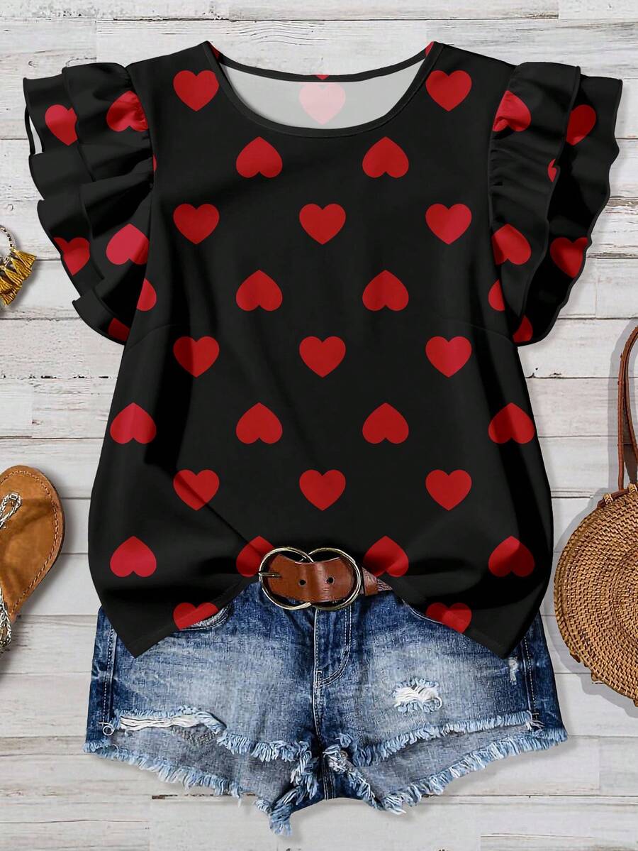 EMERY ROSE Áo kiểu nữ màu đen và đỏ in hình trái tim, thanh lịch, phù hợp cho công sở, lãng mạn và mang hơi hướng ngày Valentine, cổ tròn, tay phồng, thoải mái, thích hợp cho mùa xuân/hè. - Nhiều màu - Xem 1