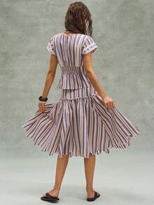 Bohemela 休闲条纹短袖V领修身女式衬衫 - 彩色 - 查看 9