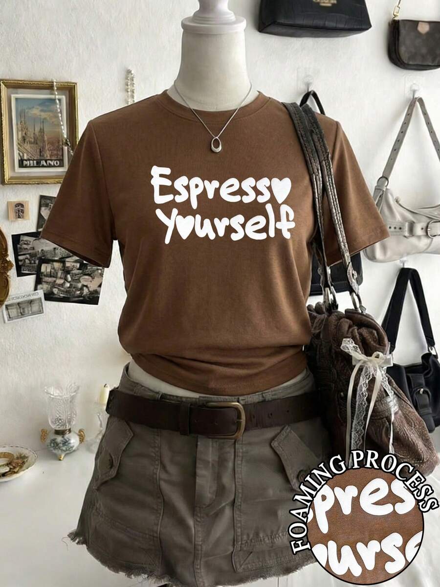 Lalippa 女士上衣,Espress Youself 绗缝工艺,宽松休闲时尚家居女式T恤,男女皆宜,情侣款,2026春夏新款女式T恤 - 棕色 - 查看 1