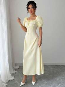 Modelyn Đầm nữ kiểu Pháp thanh lịch cổ tim thắt eo phía trước - Vàng nhạt - Xem 4