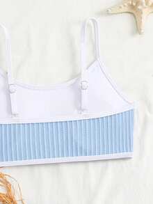 SHEIN 3件套少女比基尼套装，特殊面料，夏季沙滩三件套泳装，女童泳裙套装，带裙泳装，带纱笼裙的比基尼套装，少女泳装3件套，带纱笼裙的比基尼套装，带裙泳装，腰部系带泳装，三件套泳装套装，少女泳装 - 淺藍色 - 查看 4