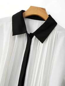 GlowEve CURVE Plus Size Women's Black & White Contrast Pleated Elegant Blouse, Suitable For Commuting And Business Wear - Black and White - View 4
