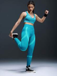 Powerista 1 Stück feuchtigkeitsableitender nahtloser Basis-Sporttop, geeignet für Training, Yoga, Fitness - Grün - Übersicht 5
